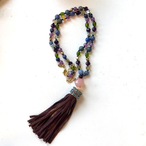 Chico’s Beaded Necklace with Leather Tassel - Picture 1 of 5